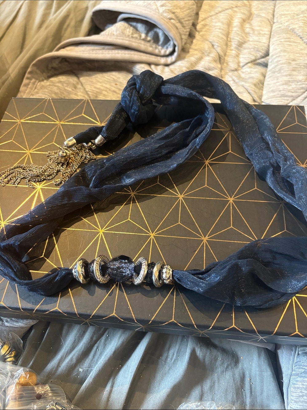 Elegant Navy Blue Scarf Necklace with Metallic Accents